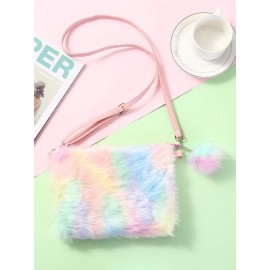 Women's Y2K Fashion Winter Colorful Rainbow Fluffy Faux Fur Pompon Pendant Design Mini Shoulder Bag