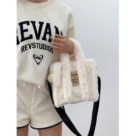 Women's Daily Y2K Letter Patched Design Fluffy Fuzzy Furry Textured Faux Fur Crossbody Shoulder Bag