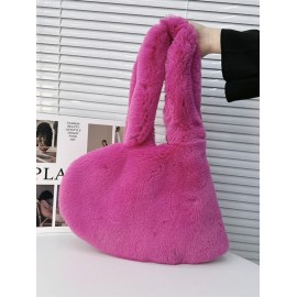 Women's Daily Solid Color Fluffy Fuzzy Furry Faux Fur Textured Asymmetrical Heart Shaped Shoulder Ba