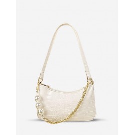 Embossed Faux Pearl Chain Embellished Shoulder Bag