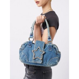 Women's Retro Metal Star Decorated Dual Handle Denim Shoulder Bag