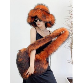 Women's Daily Streetwear Fluffy Fuzzy Furry Faux Fur Matching Bucket Hat Heart Shaped Shoulder Bag Set