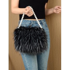 Women's Fashion Faux Pearl Handle Fluffy Faux Fur Evening Party Tote Bag