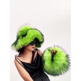 Women's Y2K Fluffy Fuzzy Furry Faux Fur Textured Top Handle Mini Bag and Matching Bucket Hat set