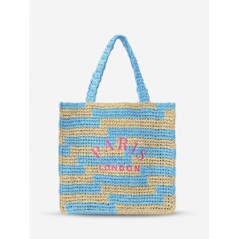 Women's Colorblock PARIS LONDON Letter Embroidered Raffia Straw Braided Beach Vacation Summer Tote Bag