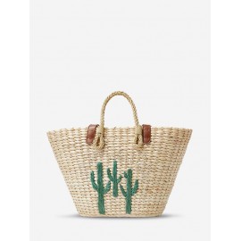 Women's Handmade Braided Cactus Embroidered Drawstring Raffia Straw Beach Shoulder Bag