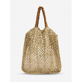 Women's Beads Handle Hollow Out Raffia Straw Handmade Braided Vacation Beach Tote Bag