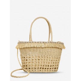 Shell Embellished Fringed Beach Vacation Straw Tote Bag