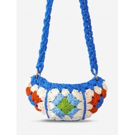 Women's Ethnic Retro Granny Floral Crochet Half Moon O Ring Decorated Crossbody Shoulder Bag